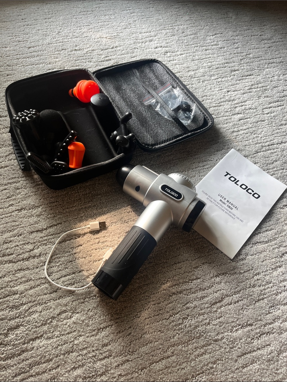 Silver & Black Handheld Massage Gun with Accessories